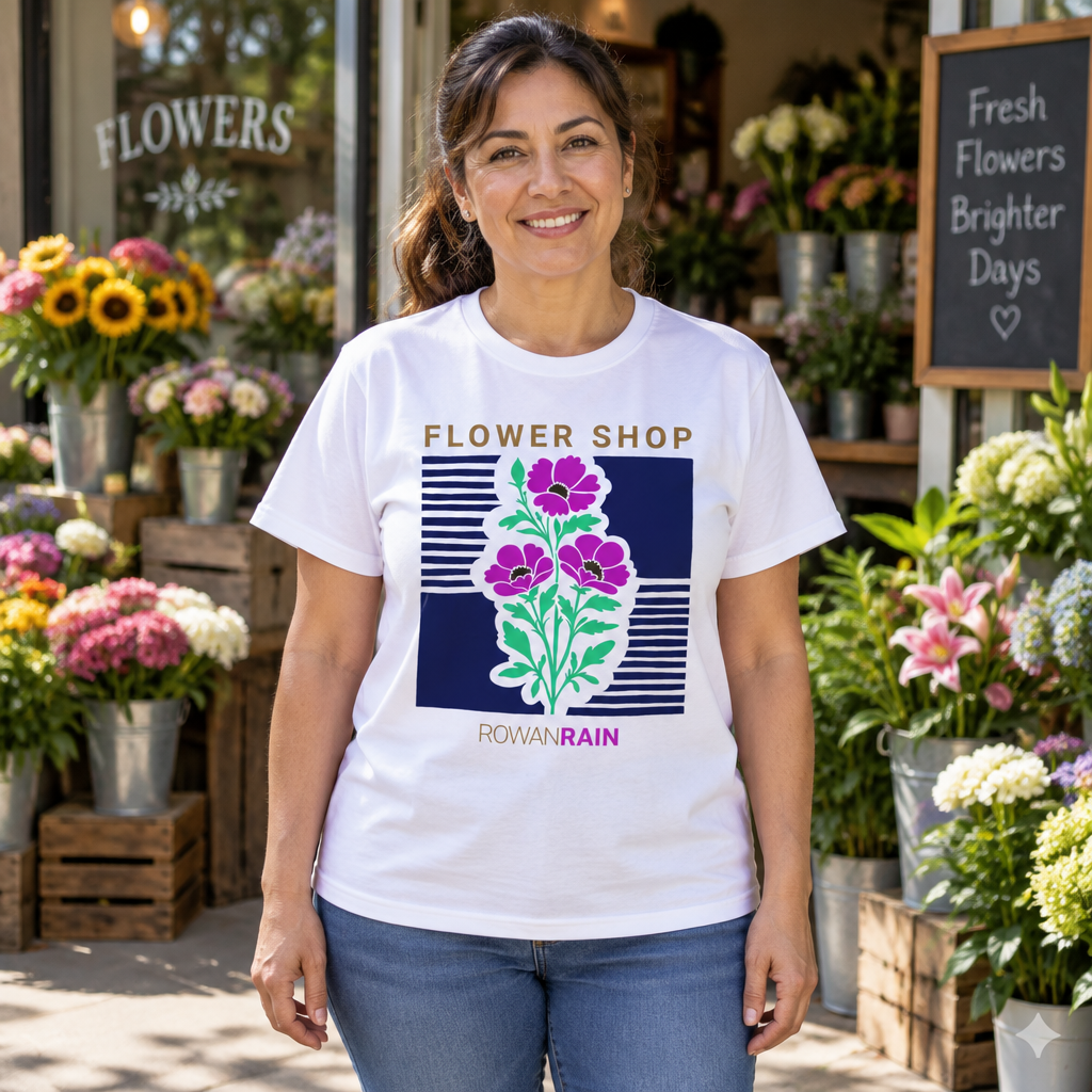 Purple, Green, Blue, and Gold Flower Shop Tee