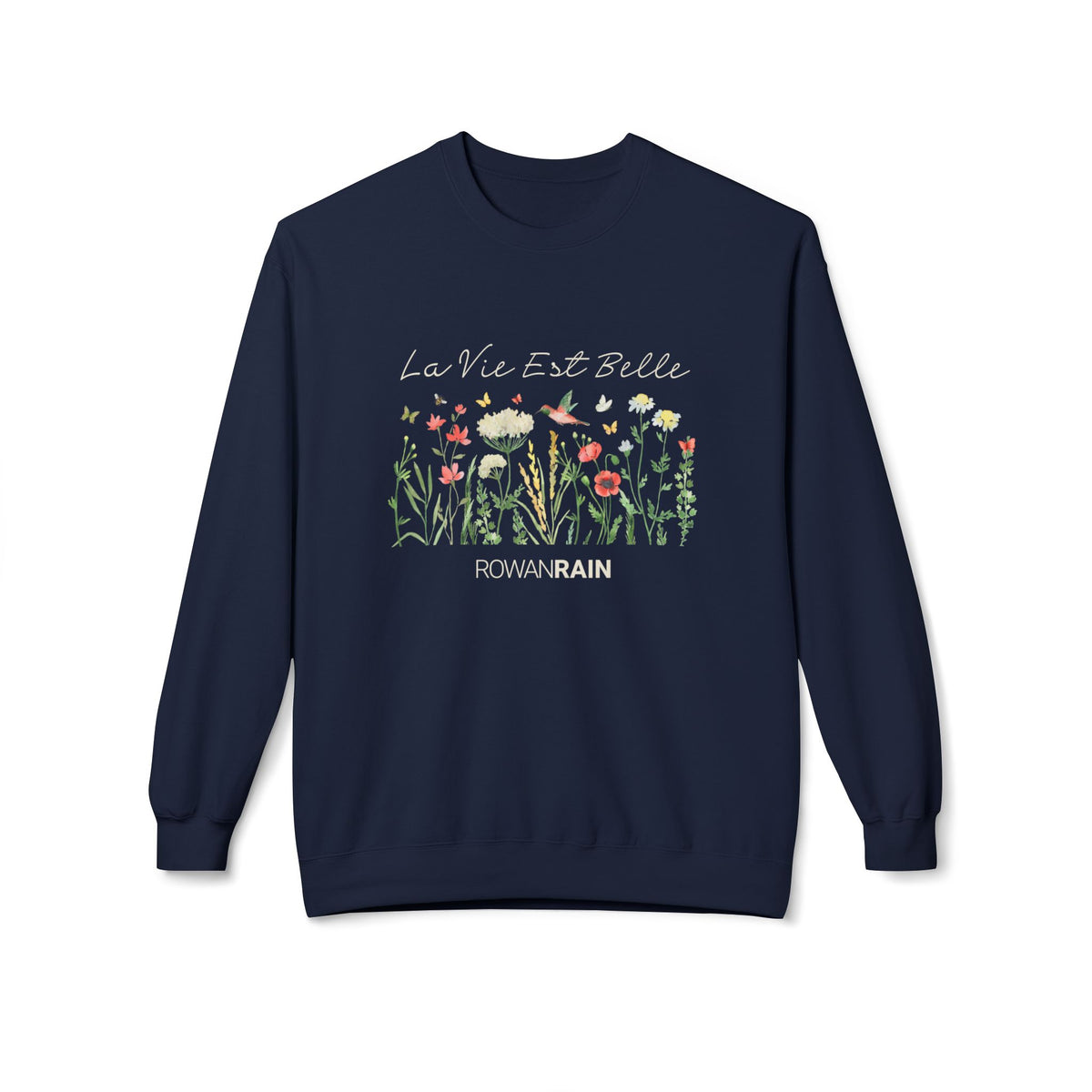 La Vie Est Belle French (Life Is Beautiful) Quote with Butterflies and Flowers Soft Crewneck Sweatshirt