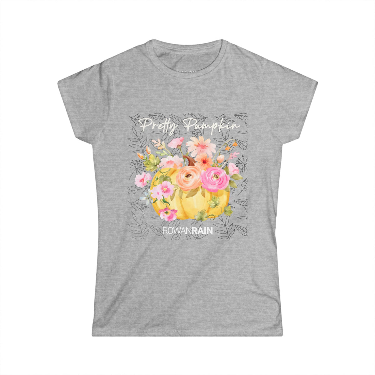 Pretty Pumpkin Text With Yellow Pumpkin and Pink and Orange Flowers Women's Softstyle Tee