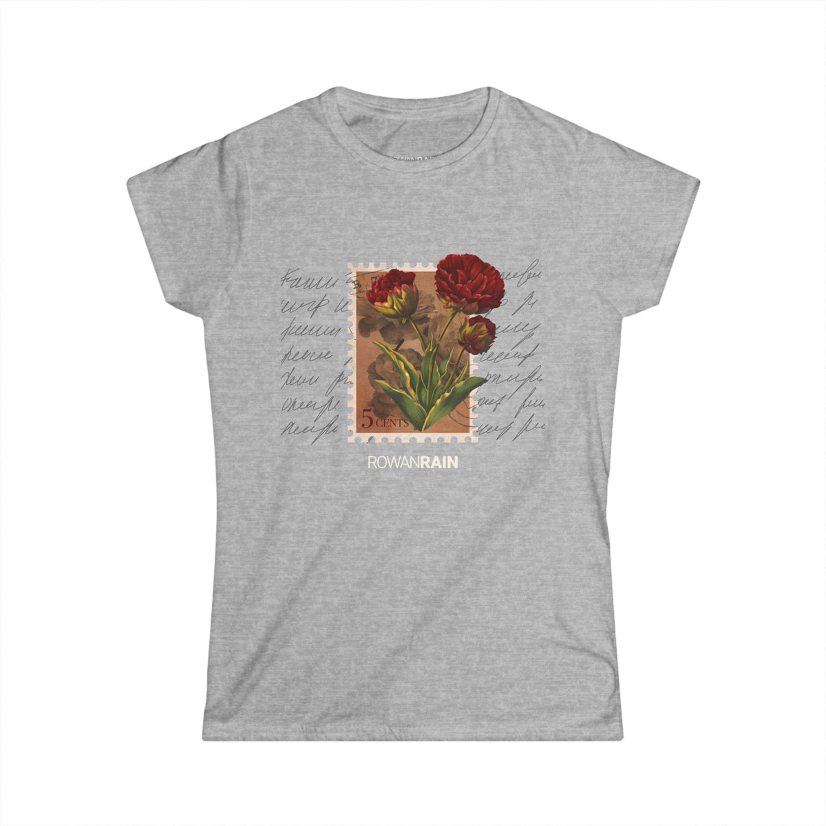 Retro Stamp With Red Flowers And Scribble Background Women's Tee