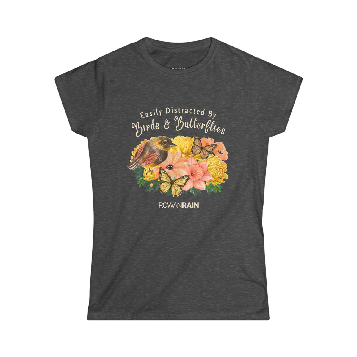 Easily Distracted By Birds and Butterflies Quote With Nature Scene Women's Softstyle Tee
