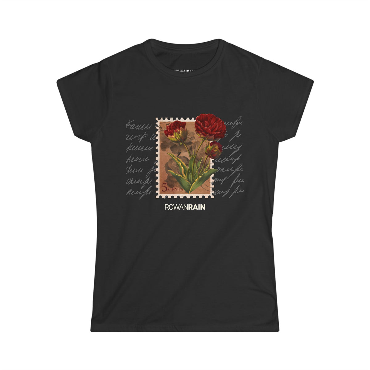 Retro Stamp With Red Flowers And Scribble Background Women's Tee