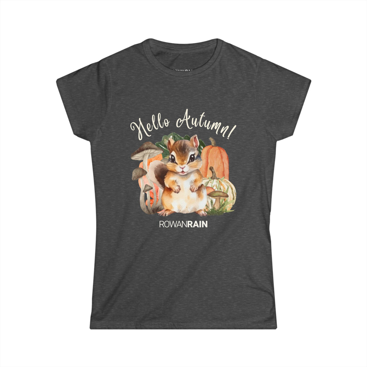Hello Autumn! Quote With Chipmunk and Fall Accents Women's Softstyle Tee