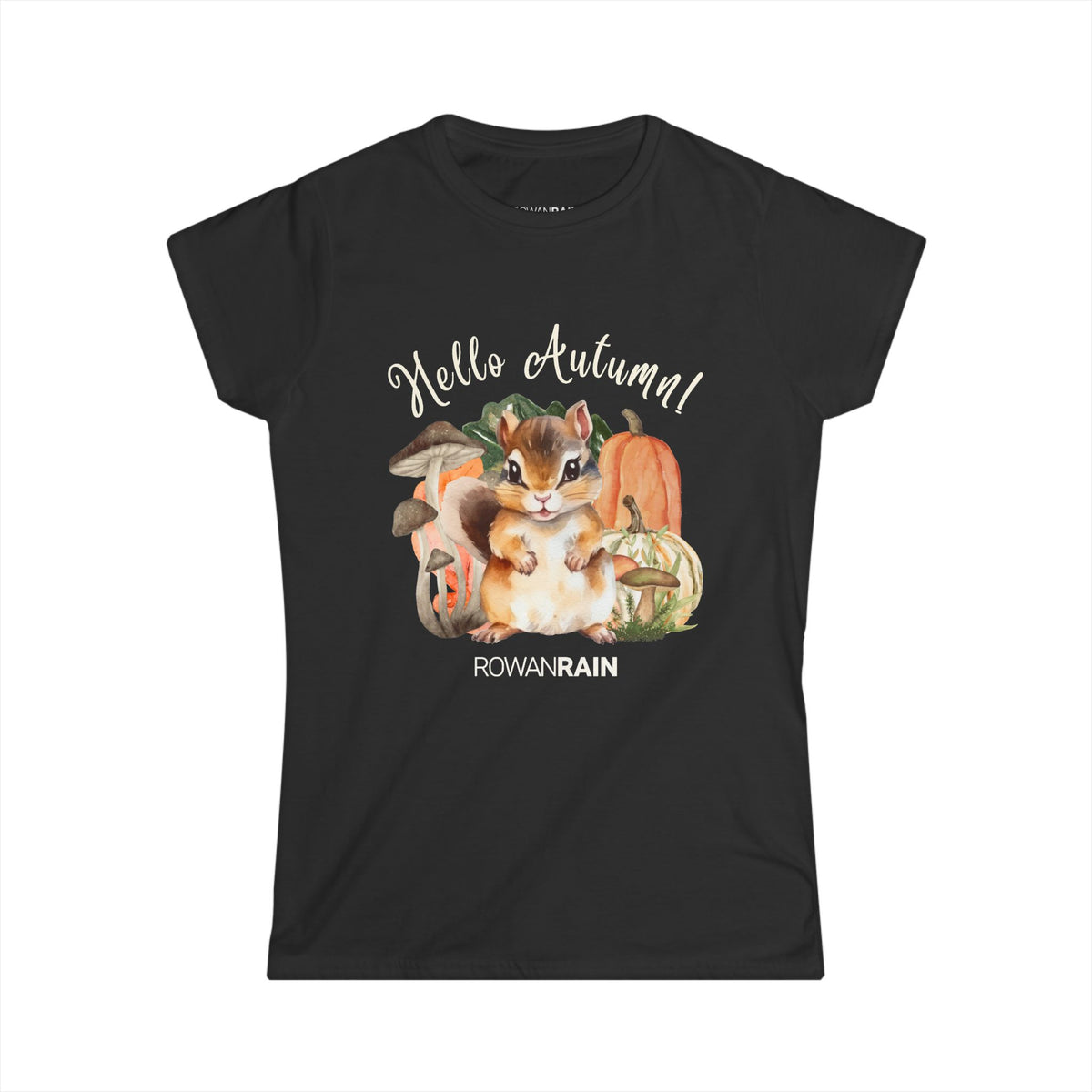 Hello Autumn! Quote With Chipmunk and Fall Accents Women's Softstyle Tee