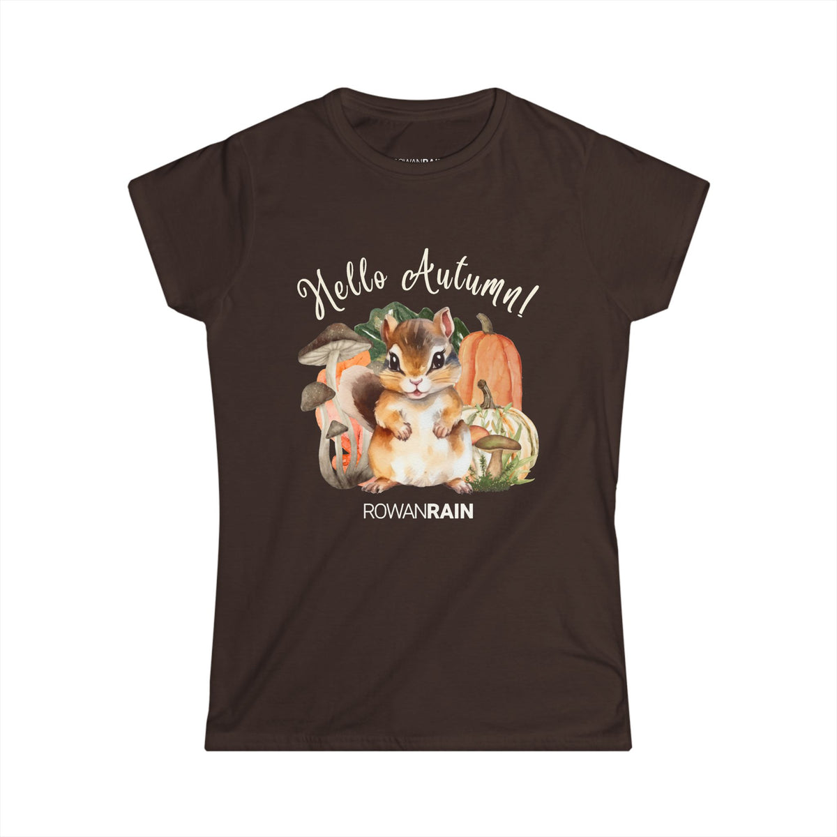 Hello Autumn! Quote With Chipmunk and Fall Accents Women's Softstyle Tee