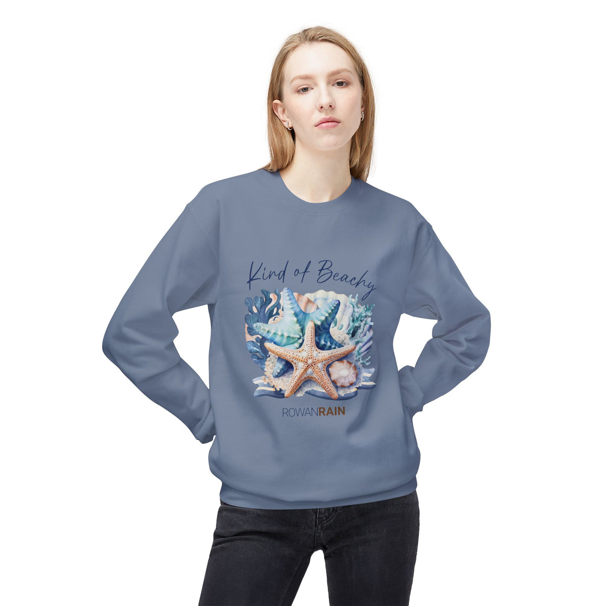 Kind of Beachy Quote with Shells in Blue and Tan Soft Crewneck Sweatshirt