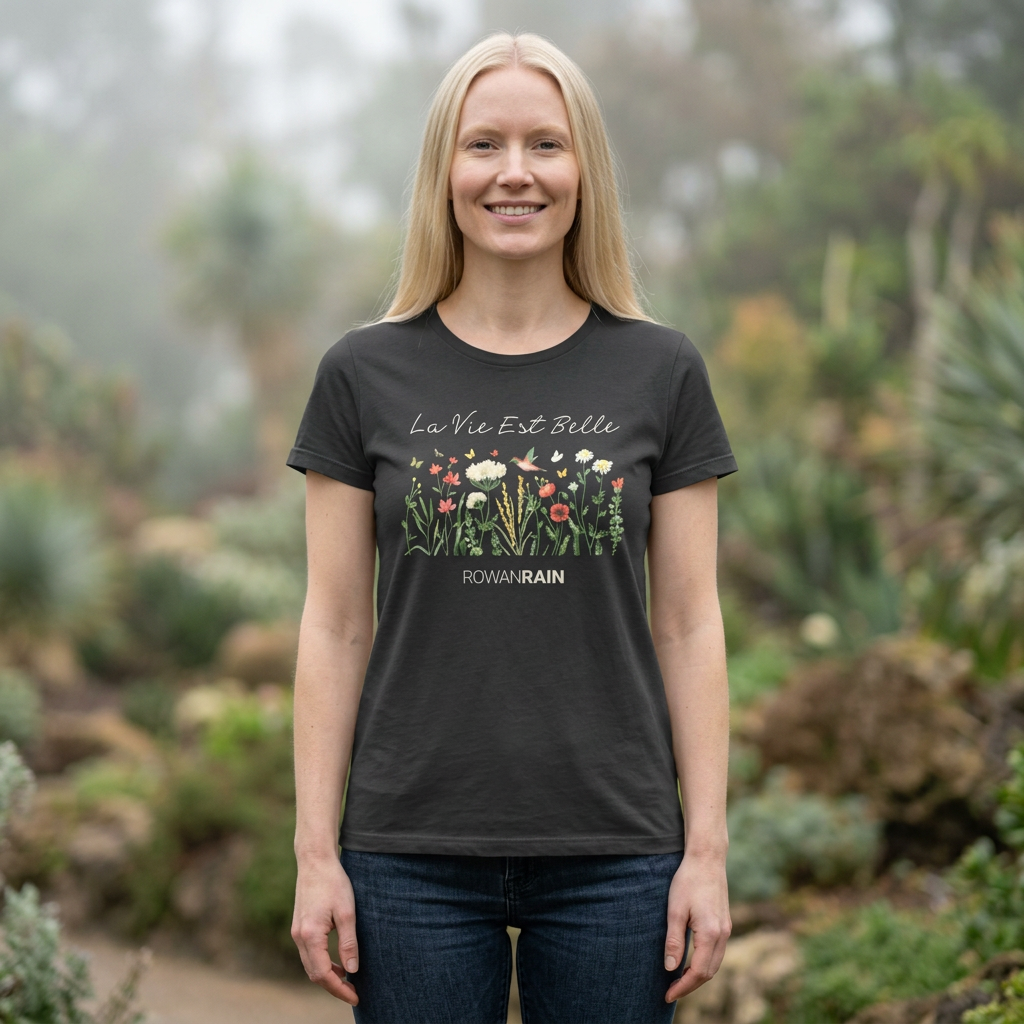 French "La Vie Est Belle" (Life Is Beautiful) Text With Red and Yellow Flowers Women's Softstyle Tee