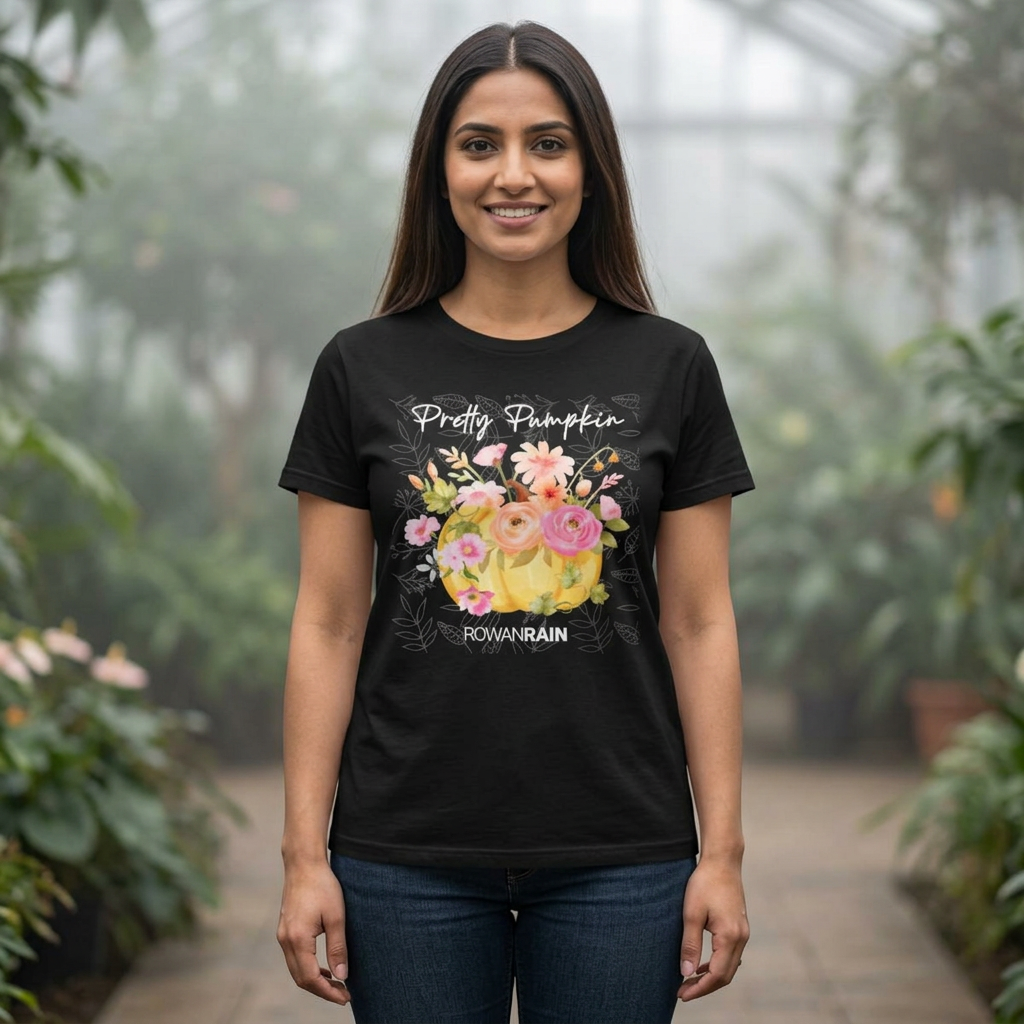 Pretty Pumpkin Text With Yellow Pumpkin and Pink and Orange Flowers Women's Softstyle Tee