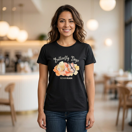 Butterfly Days Text With Orange and Yellow Flowers and Butterflies Women's Softstyle Tee