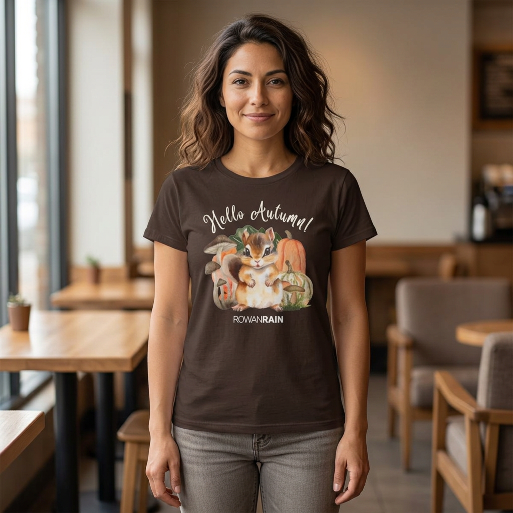 Hello Autumn! Quote With Chipmunk and Fall Accents Women's Softstyle Tee