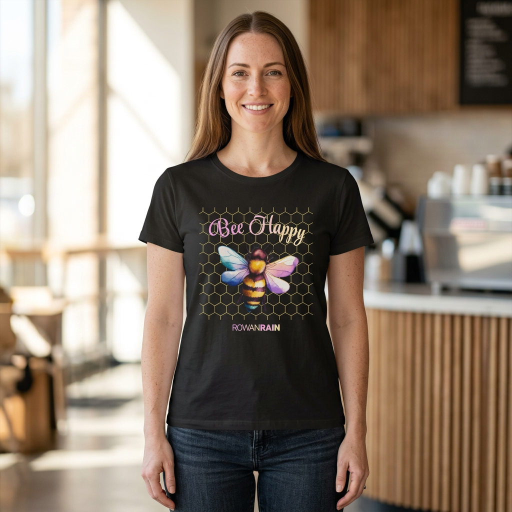 Bee Happy Quote with Pink and Yellow Bee Women's Tee