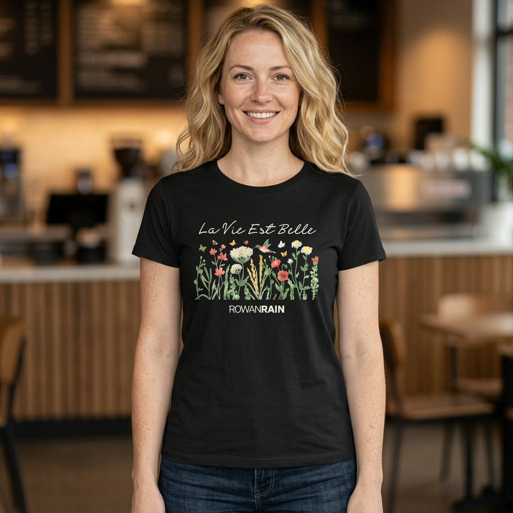 French "La Vie Est Belle" (Life Is Beautiful) Quote With Red and Yellow Flowers Women's Tee