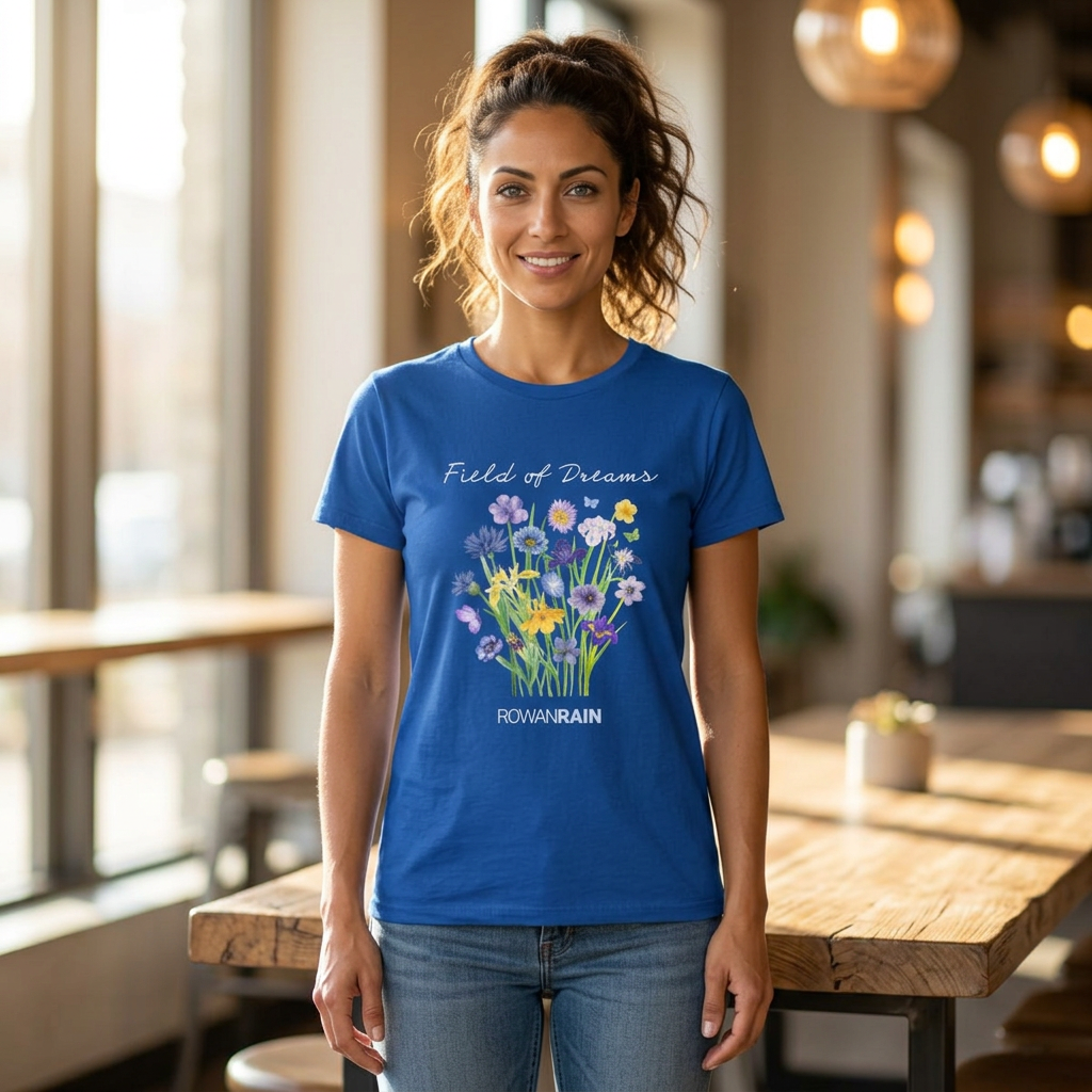 Field of Dreams Quote with Purple and Yellow Flowers Women's Tee