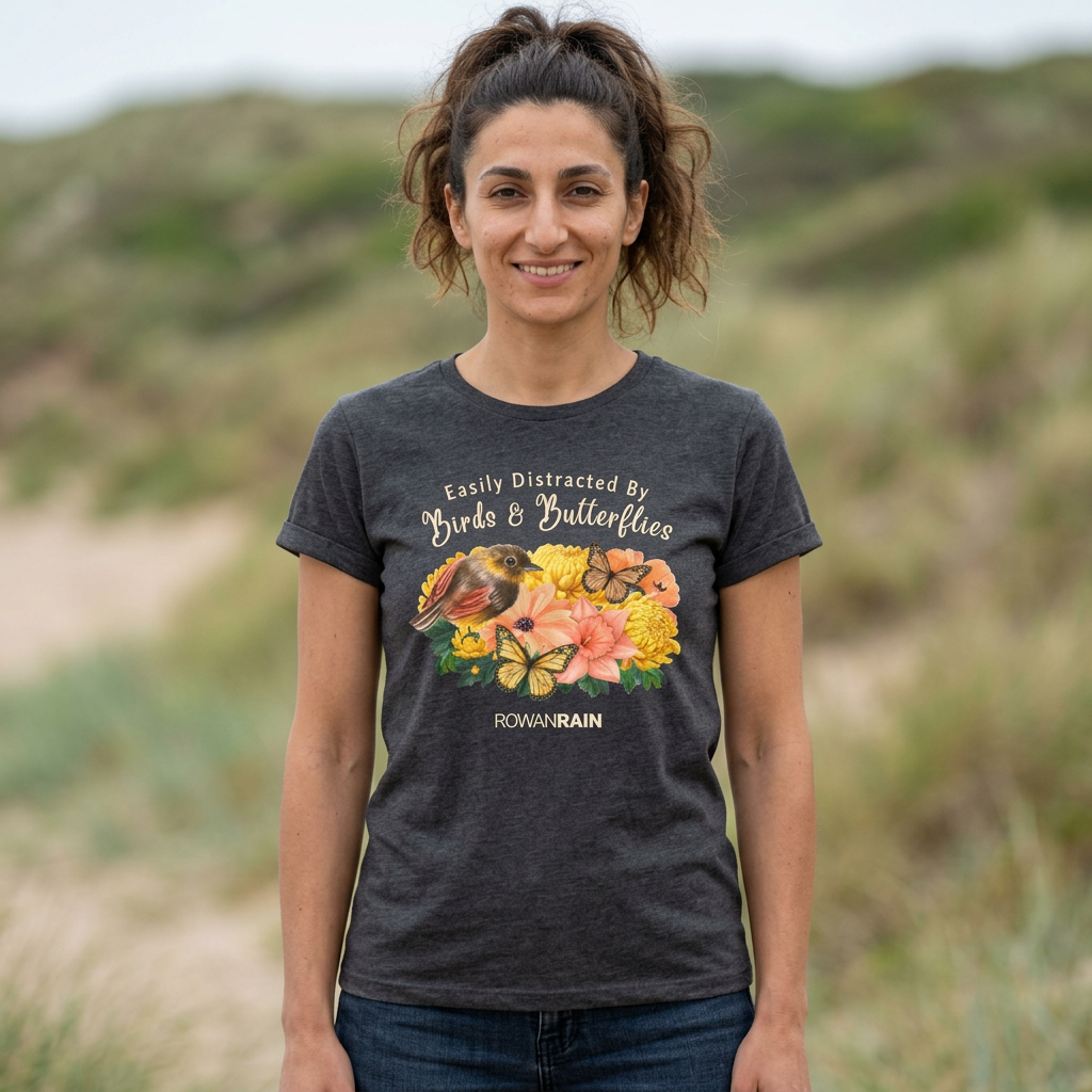 Easily Distracted By Birds and Butterflies Quote With Nature Scene Women's Softstyle Tee