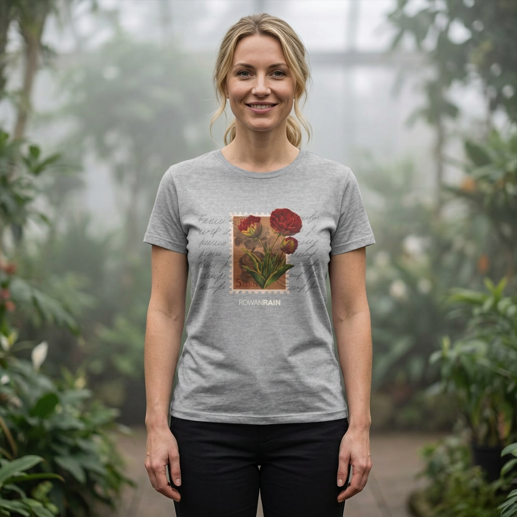 Retro Stamp With Red Flowers And Scribble Background Women's Tee