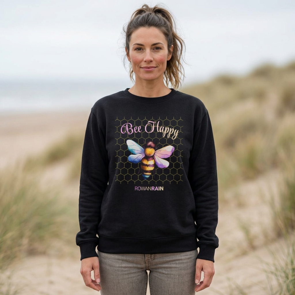 Bee Happy Quote with Pink and Yellow Bee Soft Crewneck Sweatshirt