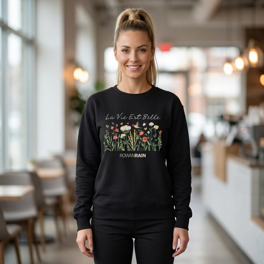 La Vie Est Belle French (Life Is Beautiful) Quote with Butterflies and Flowers Soft Crewneck Sweatshirt
