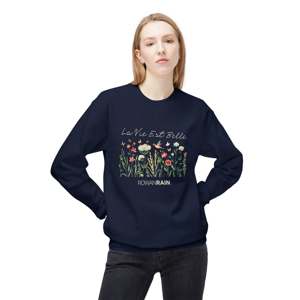 La Vie Est Belle French (Life Is Beautiful) Quote with Butterflies and Flowers Soft Crewneck Sweatshirt