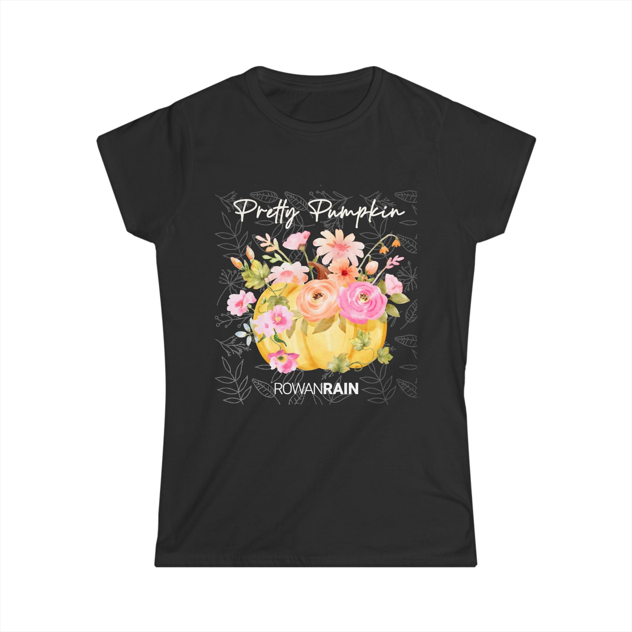Pretty Pumpkin Text With Yellow Pumpkin and Pink and Orange Flowers Women's Softstyle Tee