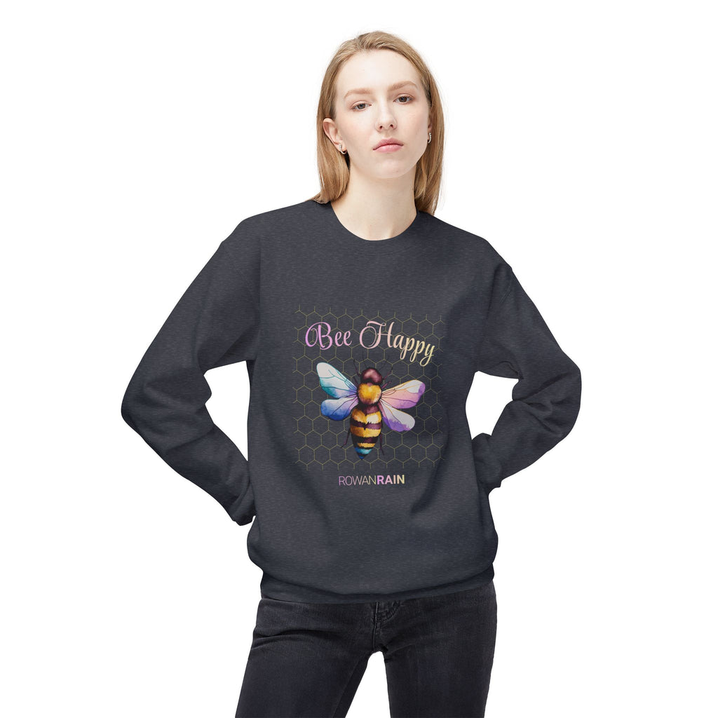Bee Happy Quote with Pink and Yellow Bee Soft Crewneck Sweatshirt