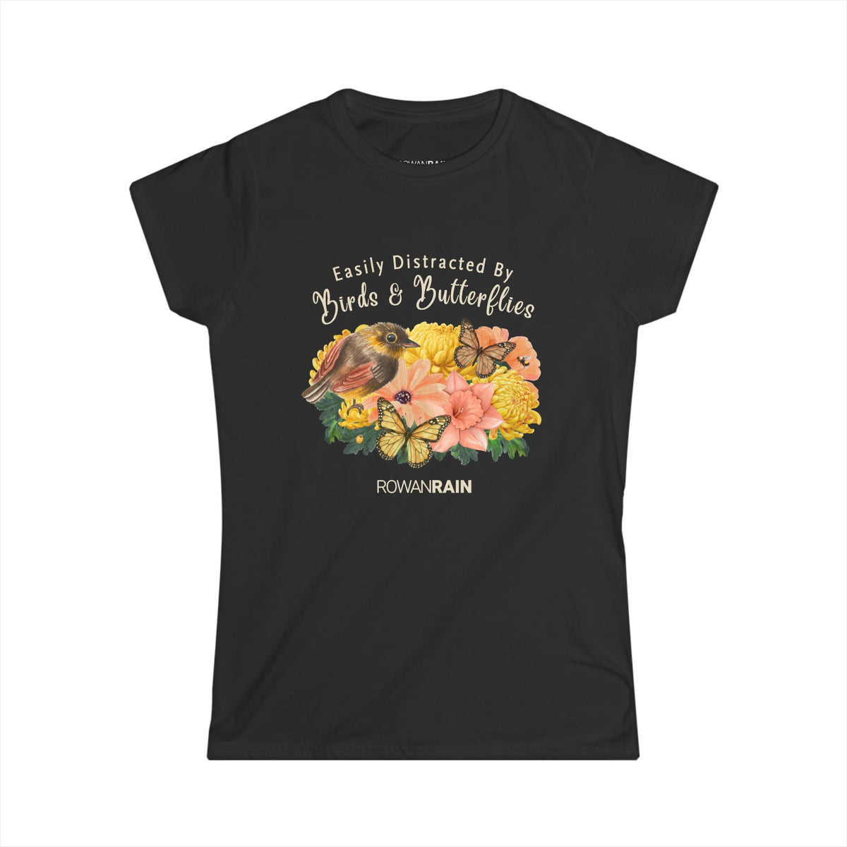 Easily Distracted By Birds and Butterflies Quote With Nature Scene Women's Softstyle Tee