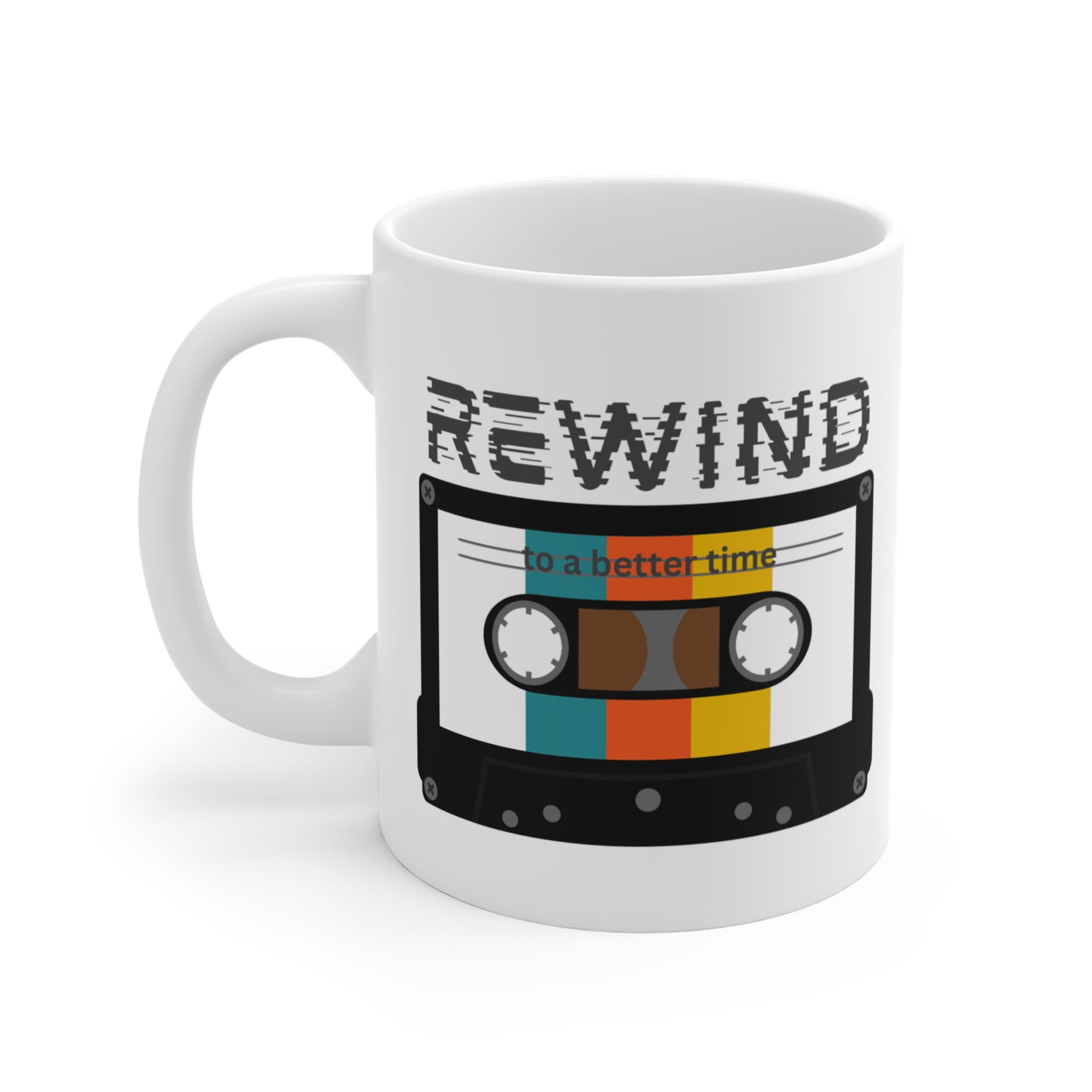 Rewind to a Better Time Cassette Mug; Teal, Orange, & Gold Stripes; 11oz