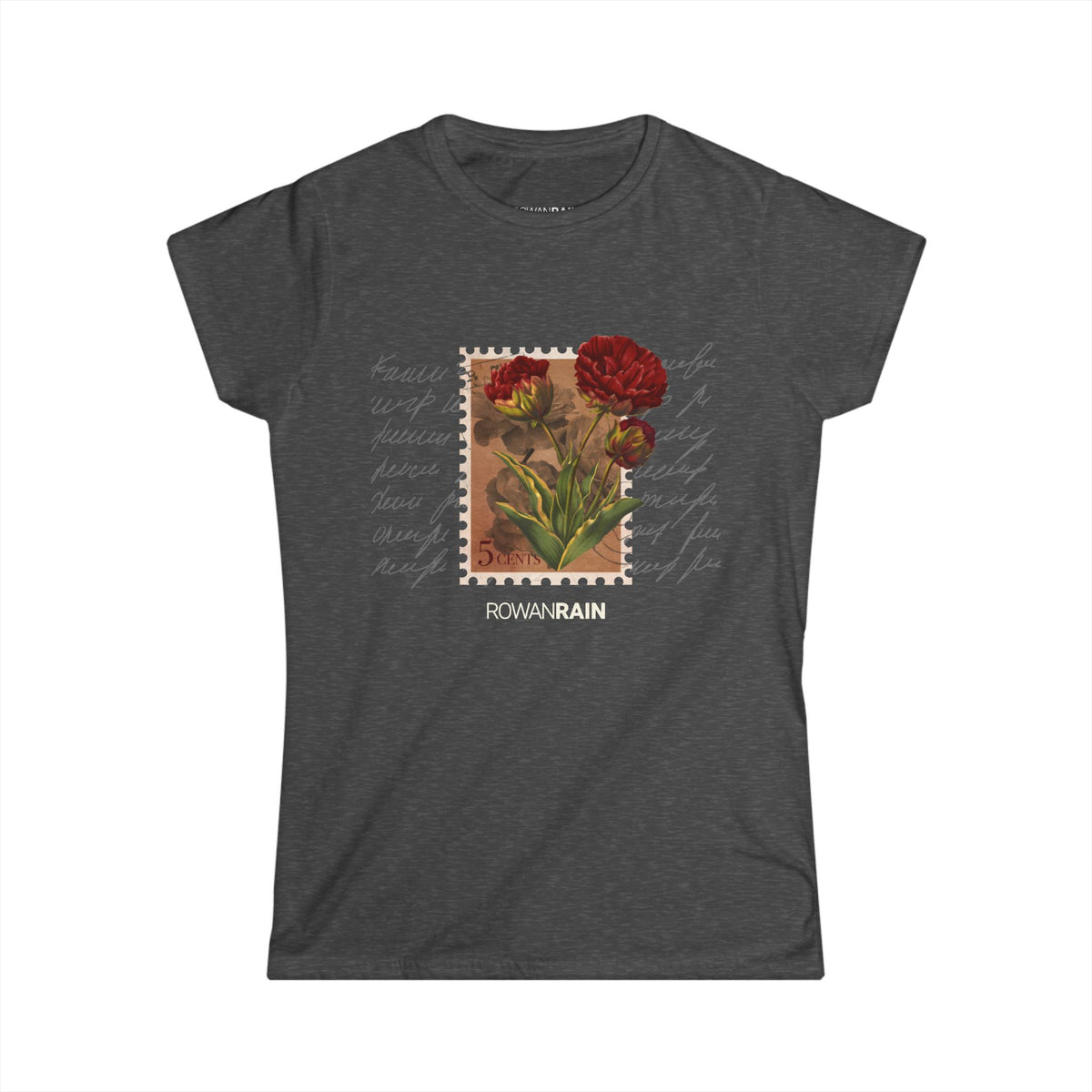 Retro Stamp With Red Flowers And Scribble Background Women's Tee