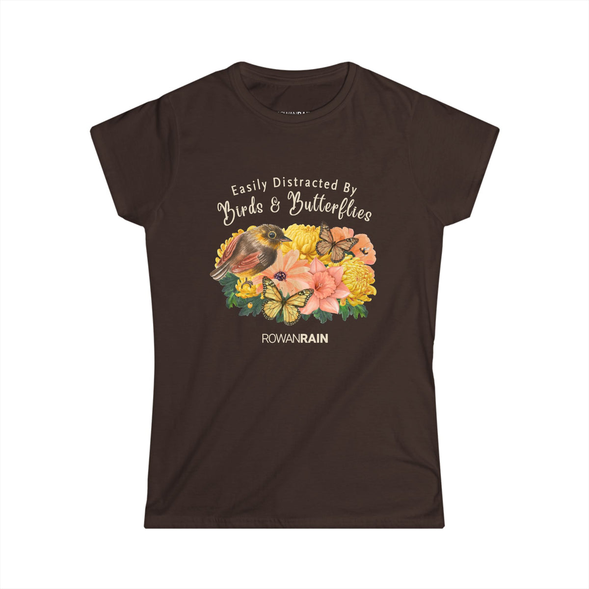 Easily Distracted By Birds and Butterflies Quote With Nature Scene Women's Softstyle Tee