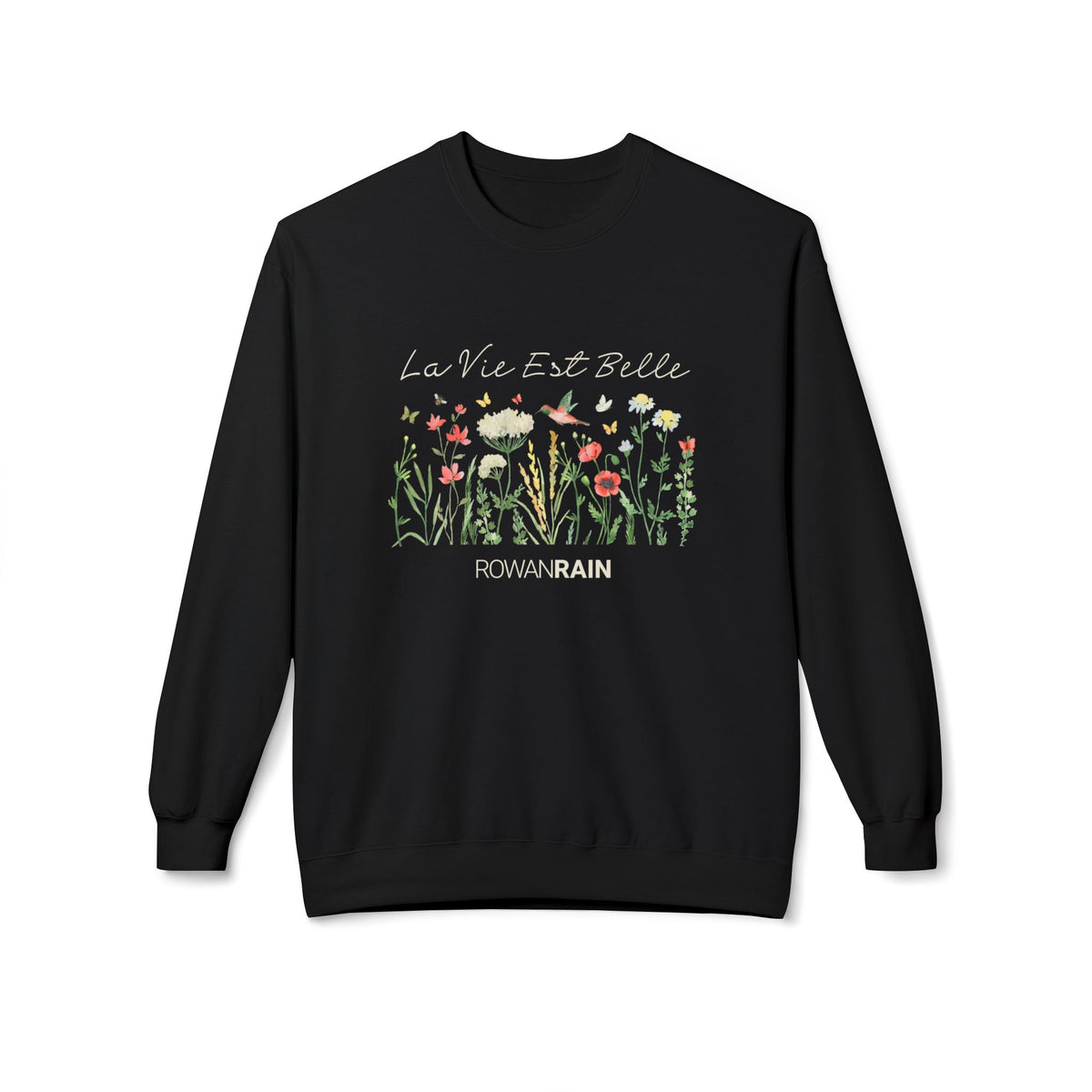 La Vie Est Belle French (Life Is Beautiful) Quote with Butterflies and Flowers Soft Crewneck Sweatshirt