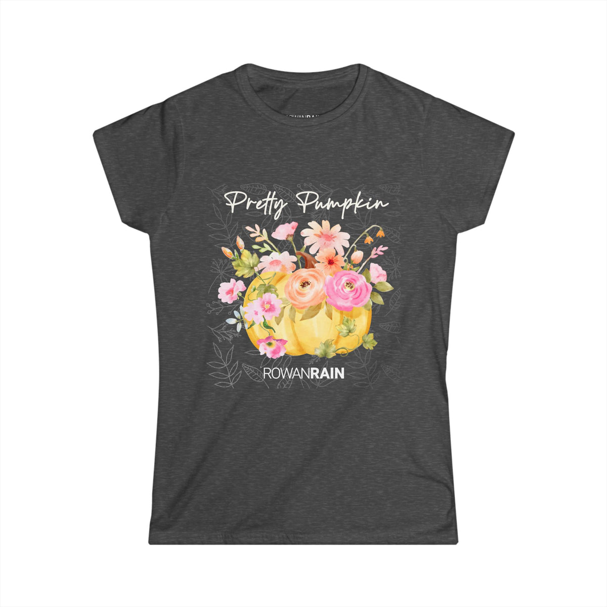 Pretty Pumpkin Text With Yellow Pumpkin and Pink and Orange Flowers Women's Softstyle Tee