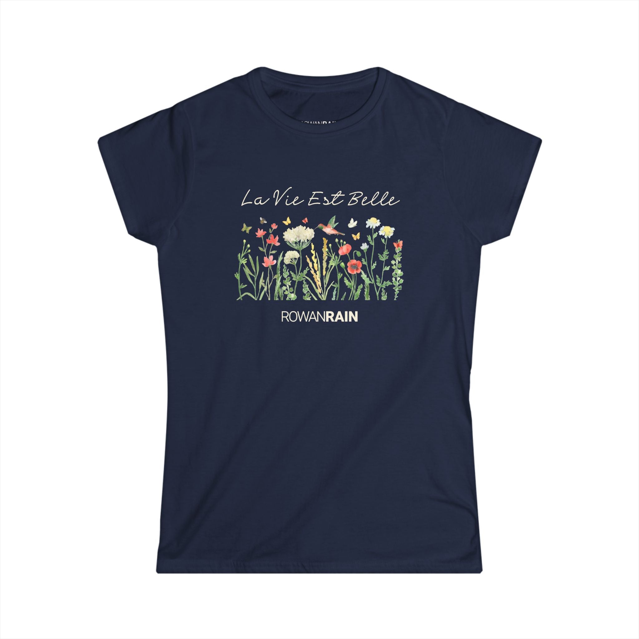 French "La Vie Est Belle" (Life Is Beautiful) Text With Red and Yellow Flowers Women's Softstyle Tee