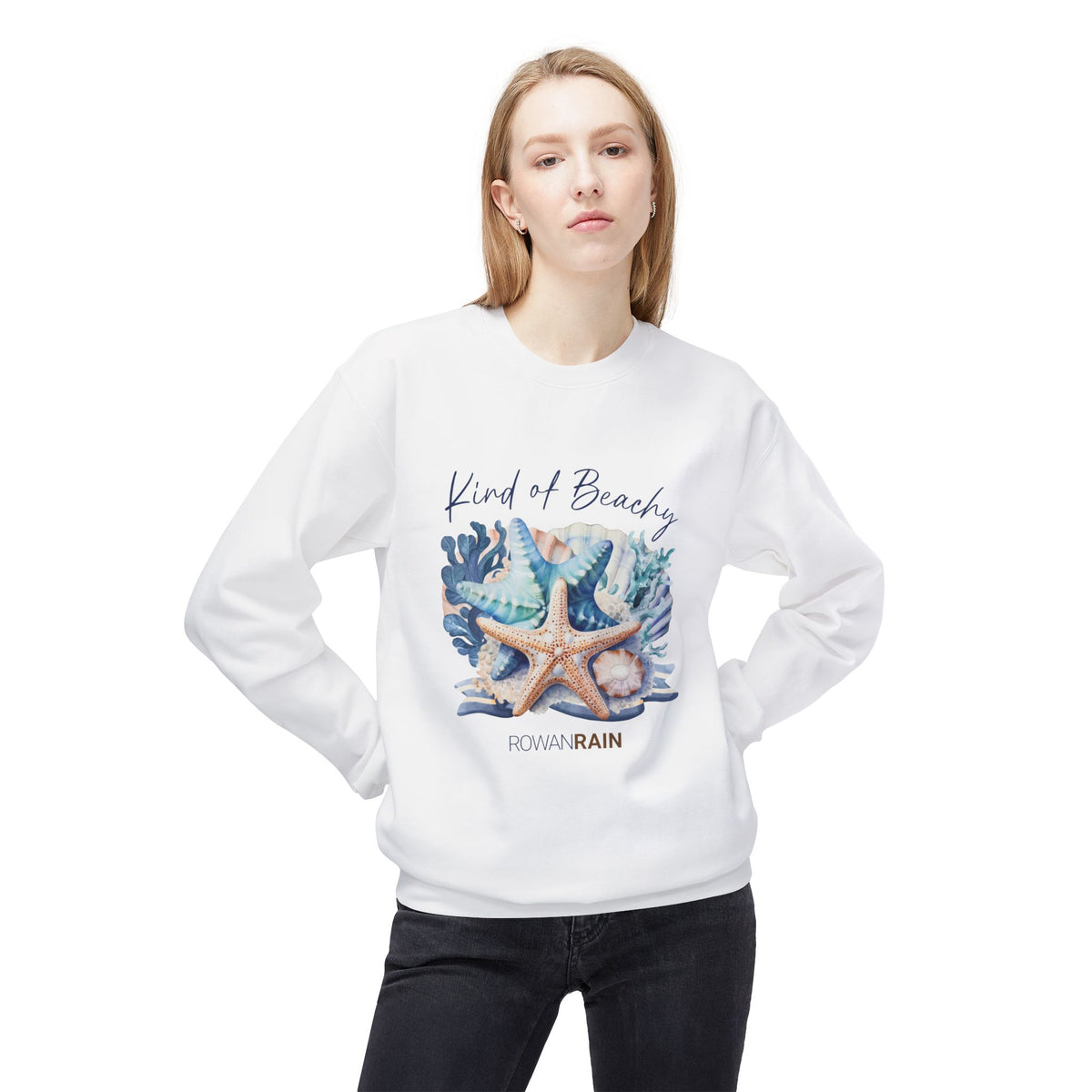 Kind of Beachy Quote with Shells in Blue and Tan Soft Crewneck Sweatshirt