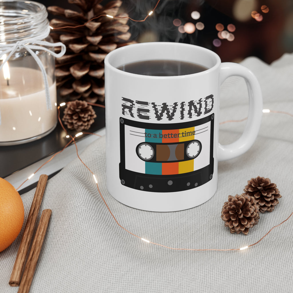 Rewind to a Better Time Cassette Mug; Teal, Orange, & Gold Stripes; 11oz