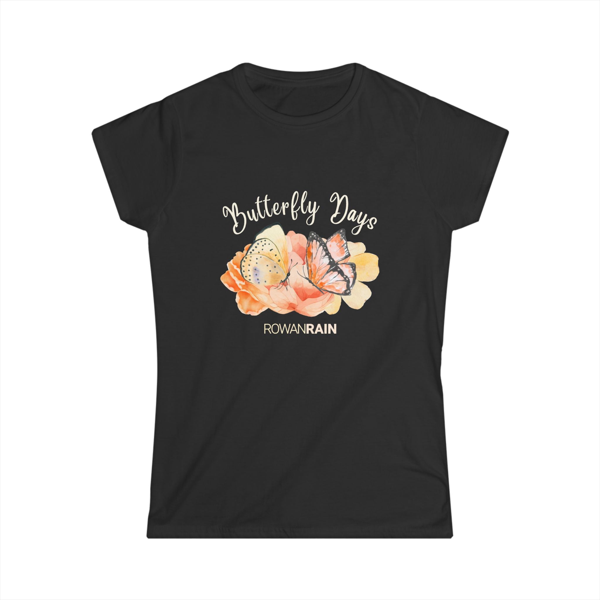 Butterfly Days Text With Orange and Yellow Flowers and Butterflies Women's Softstyle Tee