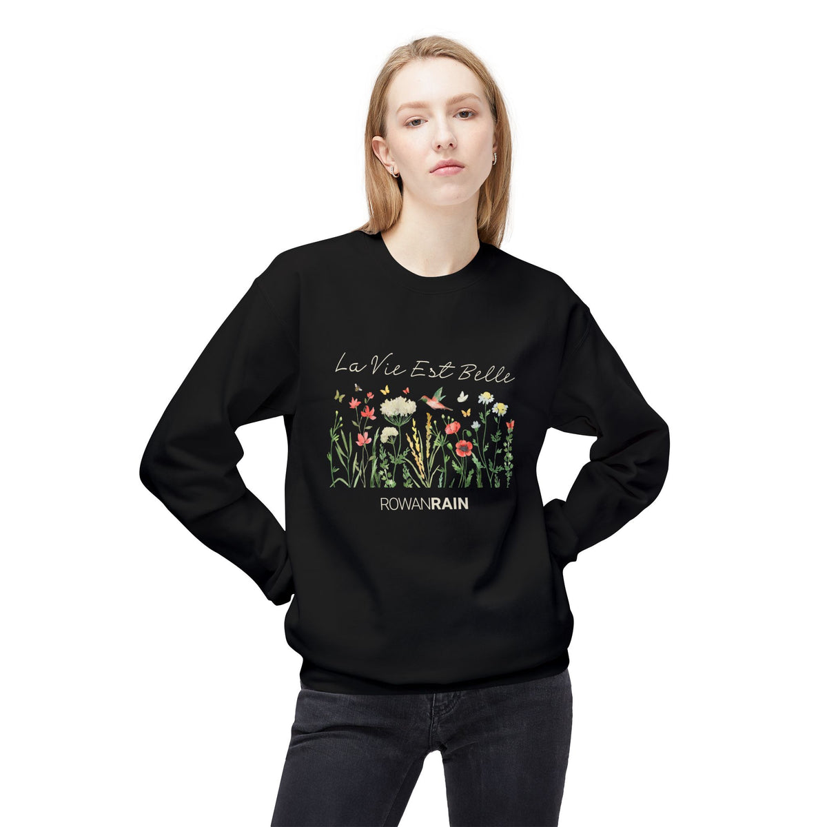 La Vie Est Belle French (Life Is Beautiful) Quote with Butterflies and Flowers Soft Crewneck Sweatshirt