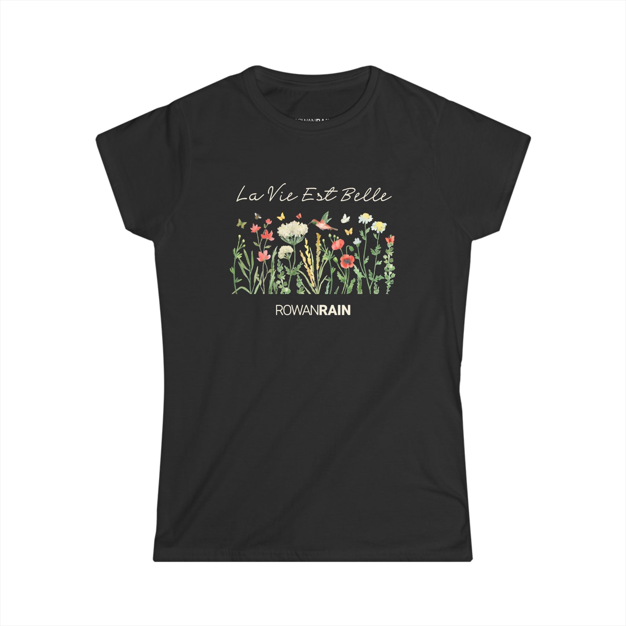 French "La Vie Est Belle" (Life Is Beautiful) Text With Red and Yellow Flowers Women's Softstyle Tee